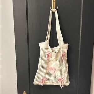 Chic White and Pink Crochet Tote Bag
